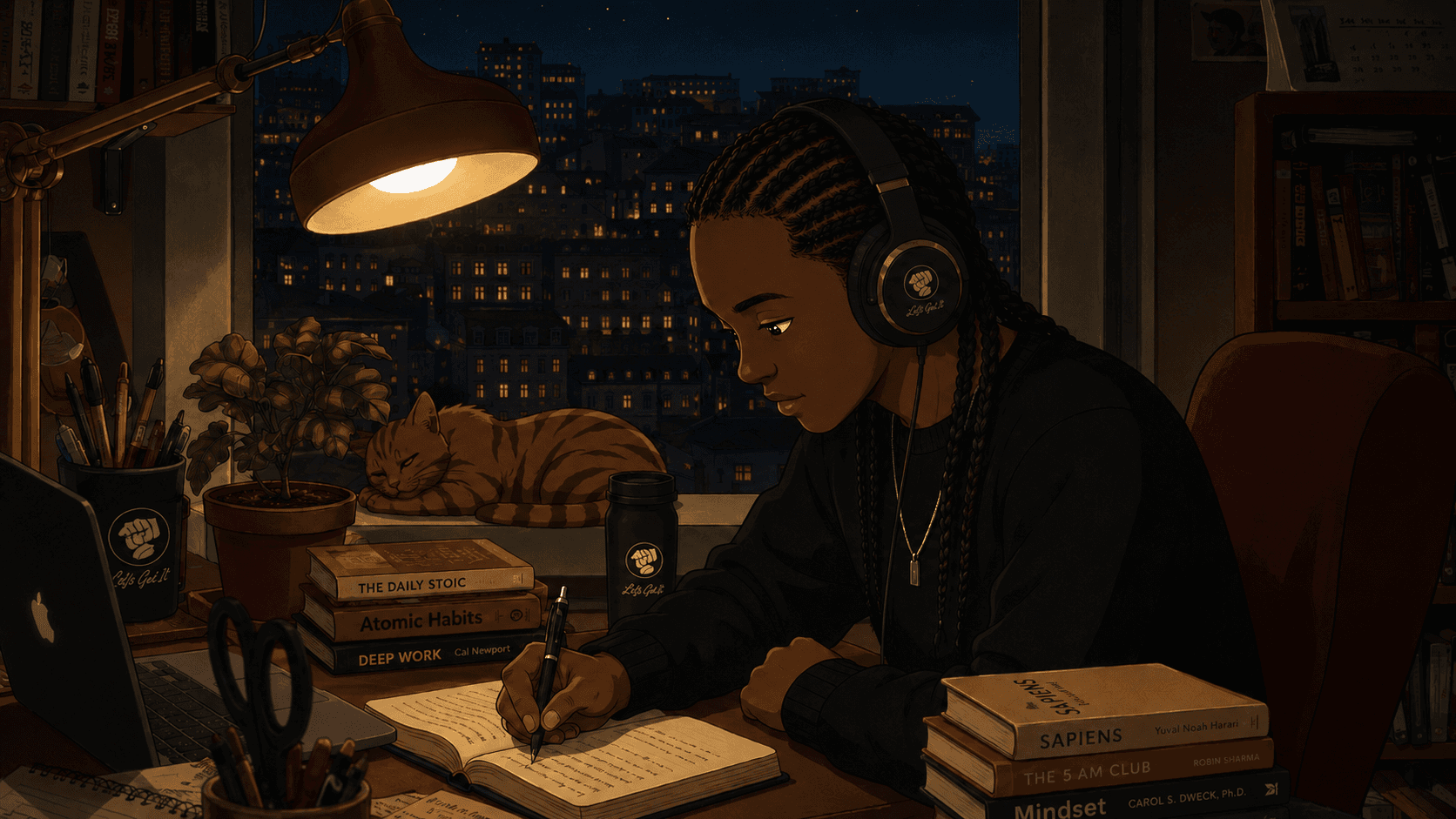 Illustration of Adrien writing at his desk at night, city lights in the window