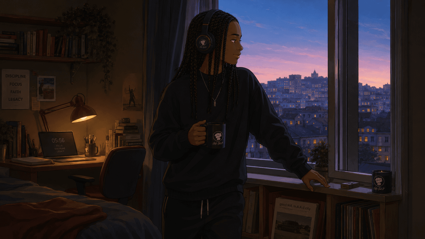The same scene, drawn as an anime illustration