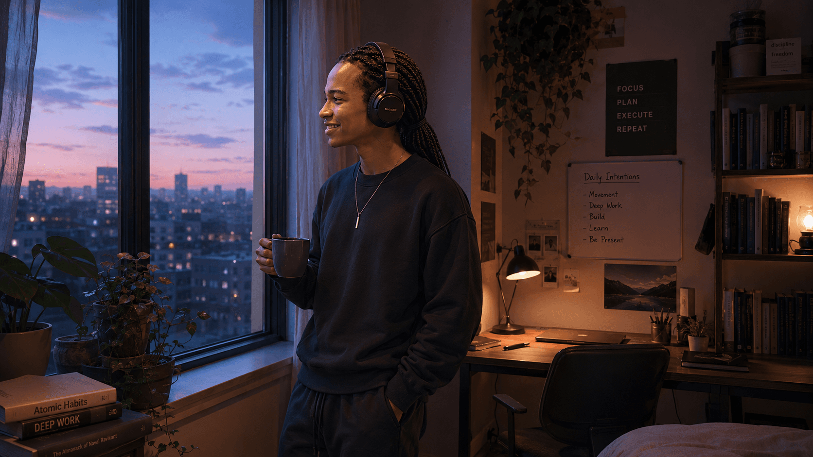 Adrien at his window at dusk, headphones on, city lights behind him